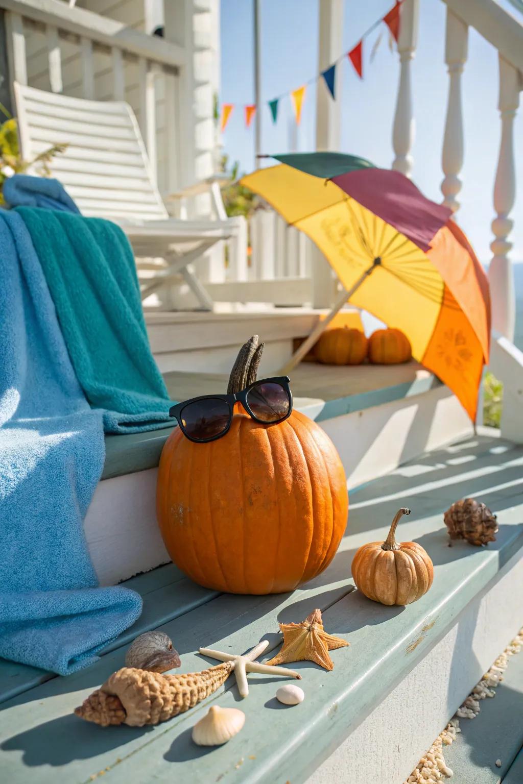 A summer-loving pumpkin sporting stylish sunglasses.