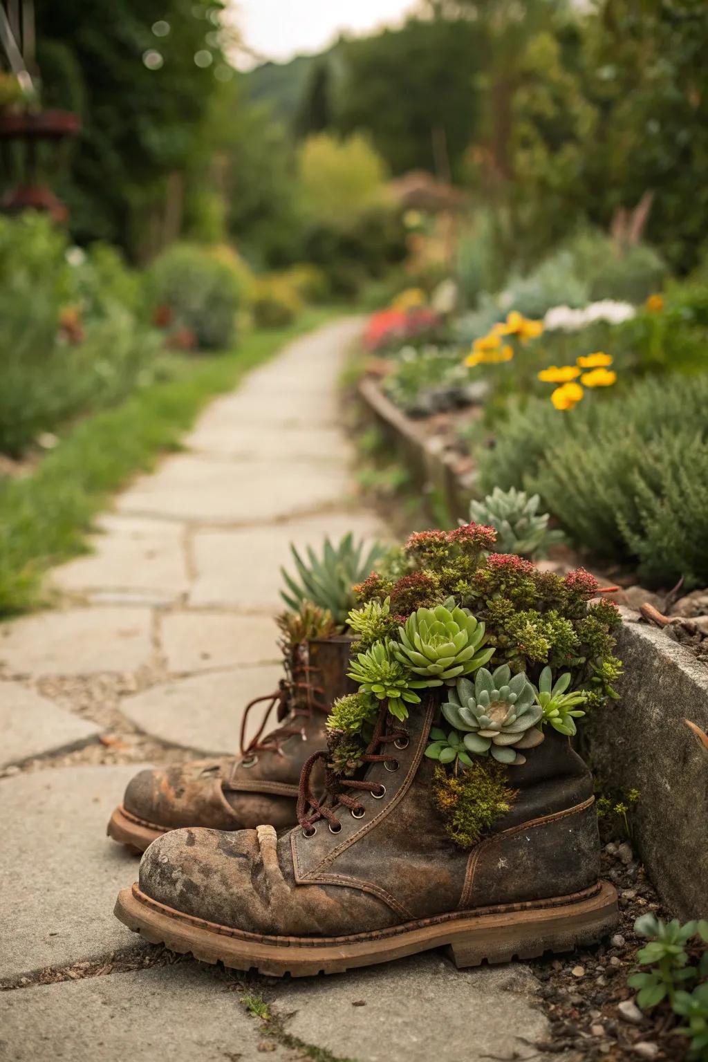 Obsolete boots repurposed into playful succulent planters.