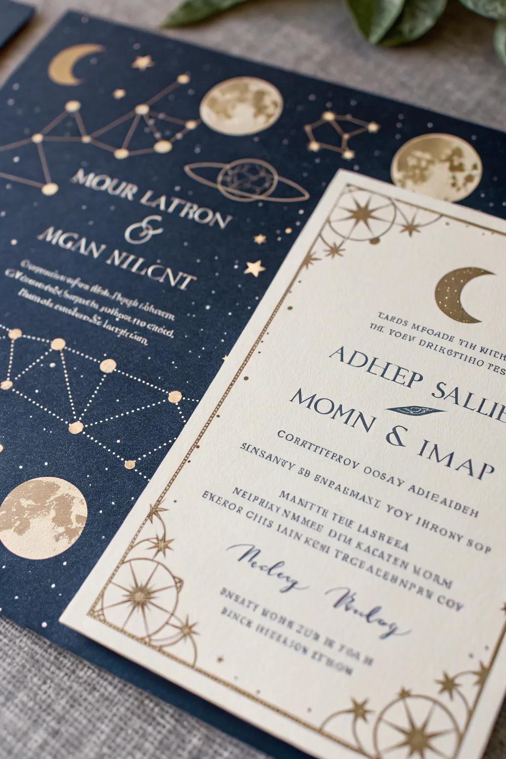 Cosmic motifs impart a hint of enchantment to wedding announcements.