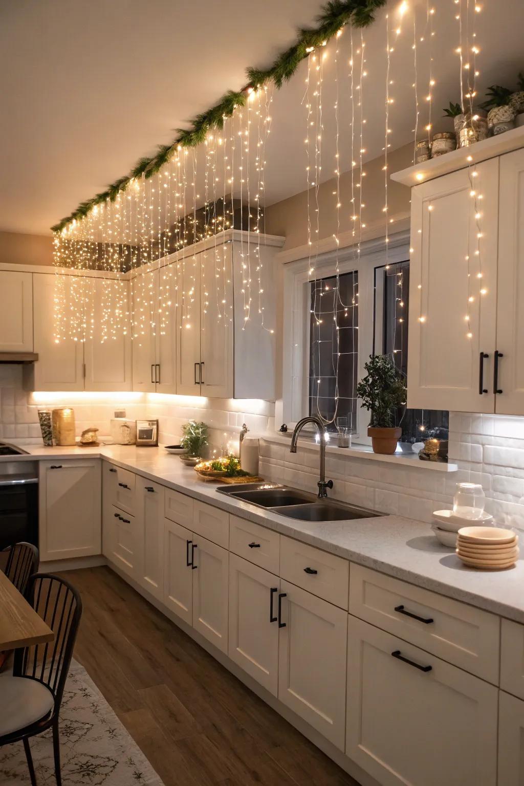 Fiber optic lights create a magical twinkling effect above cabinets.
