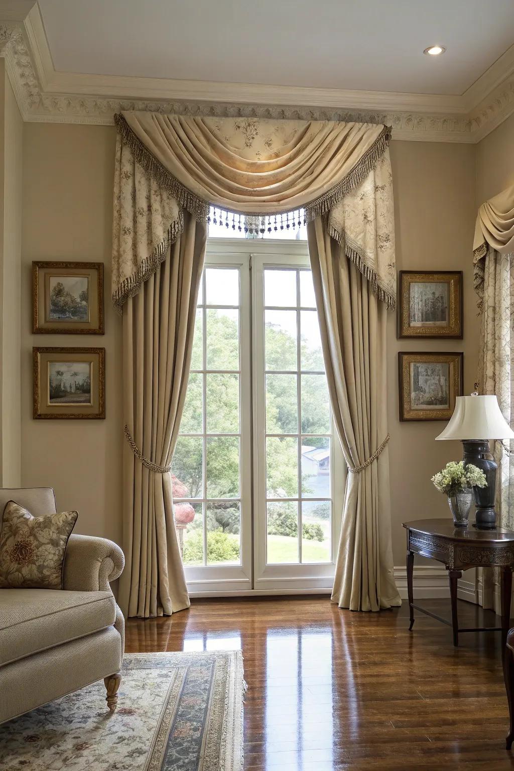 A window featuring a neutral-colored valance in a sophisticated family room.