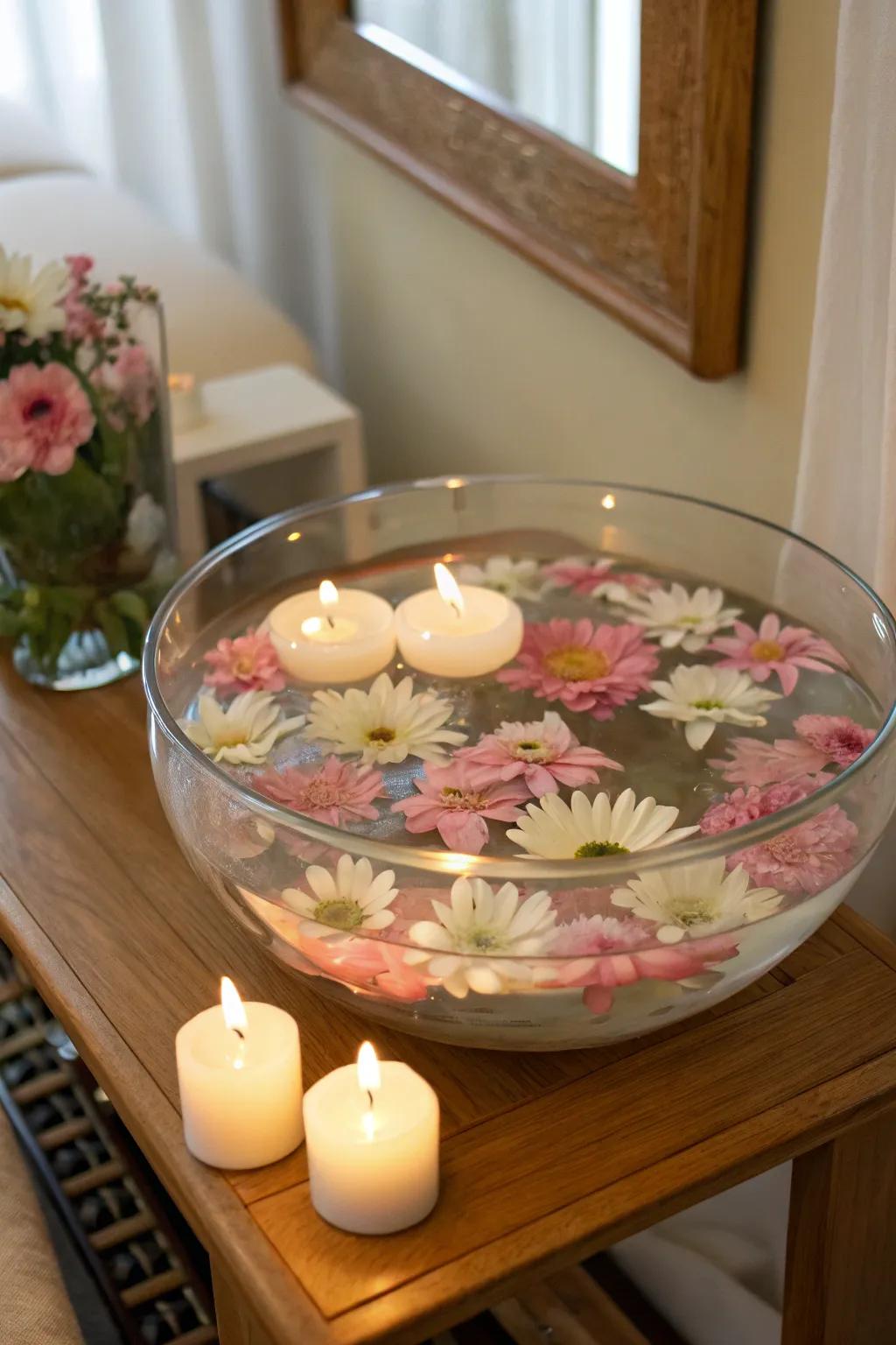 Flowers displayed in a bowl.