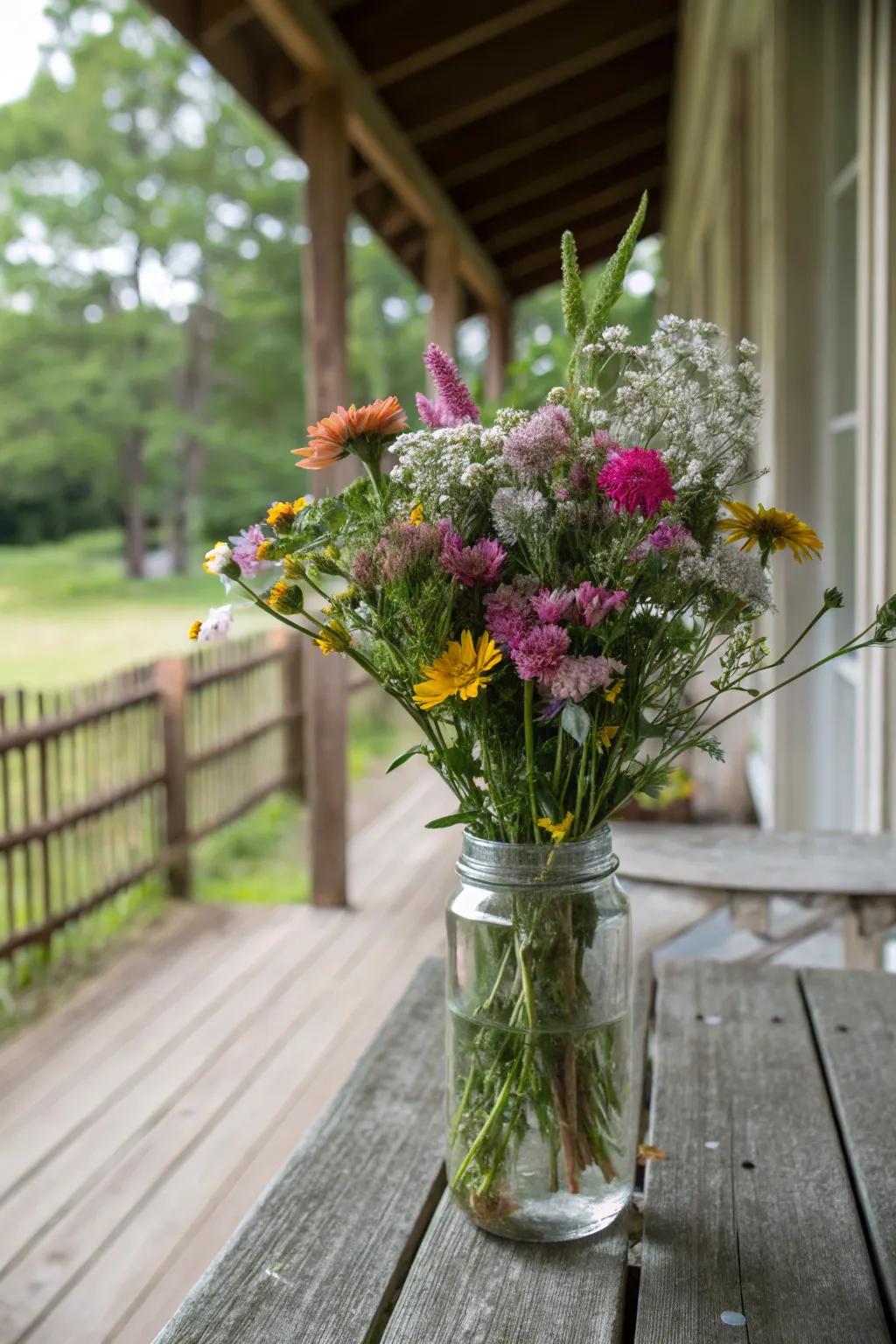 Rustic wildflower bouquet adding a natural feel to a space.