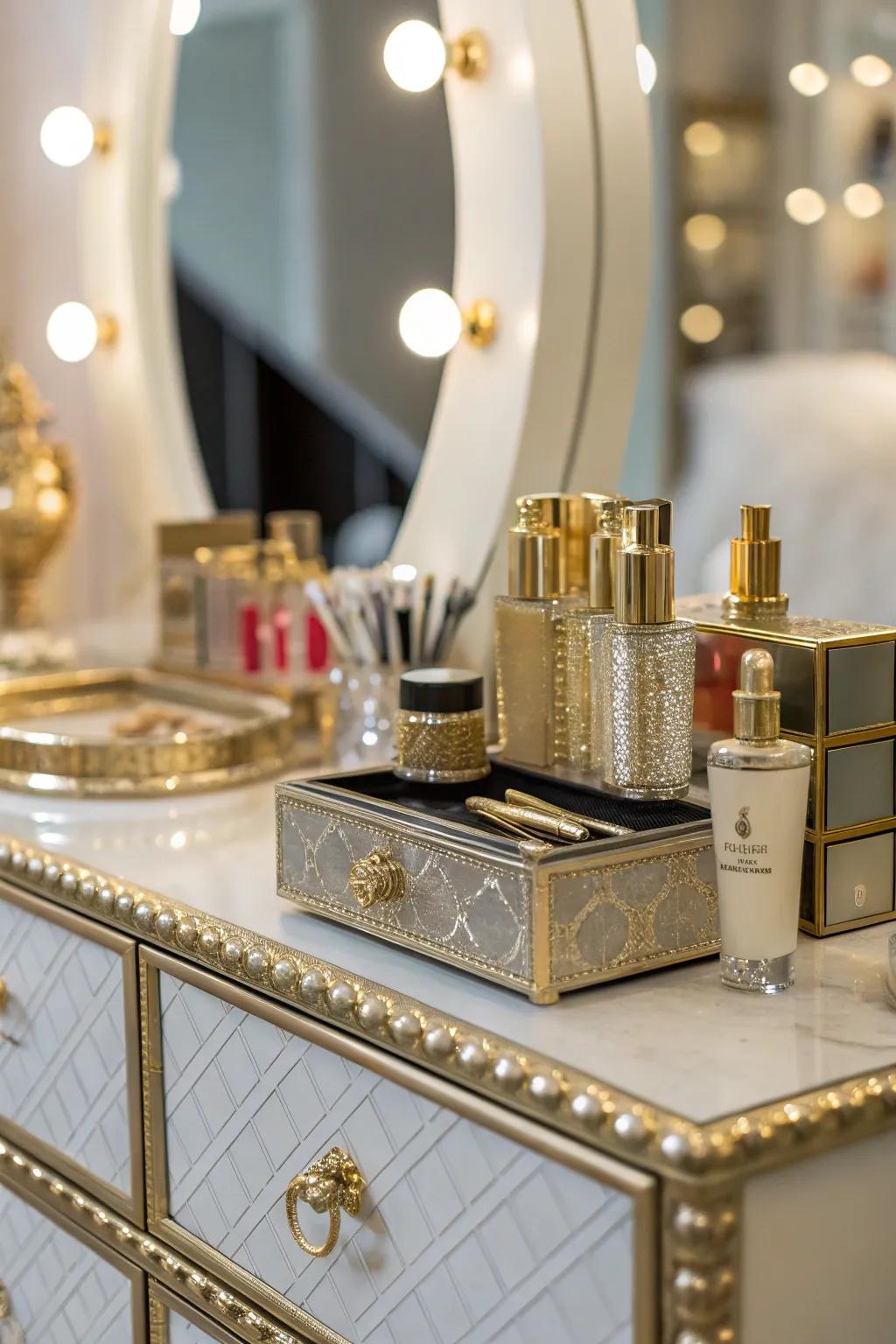 Metallic touches add a touch of glamour to your vanity.