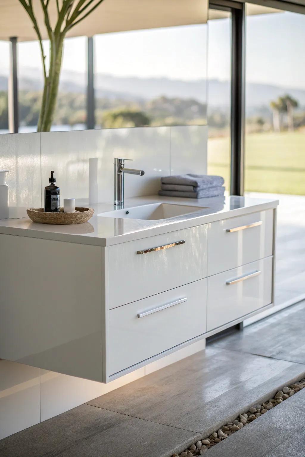 A modern floating vanity that adds an airy touch to the bathroom.