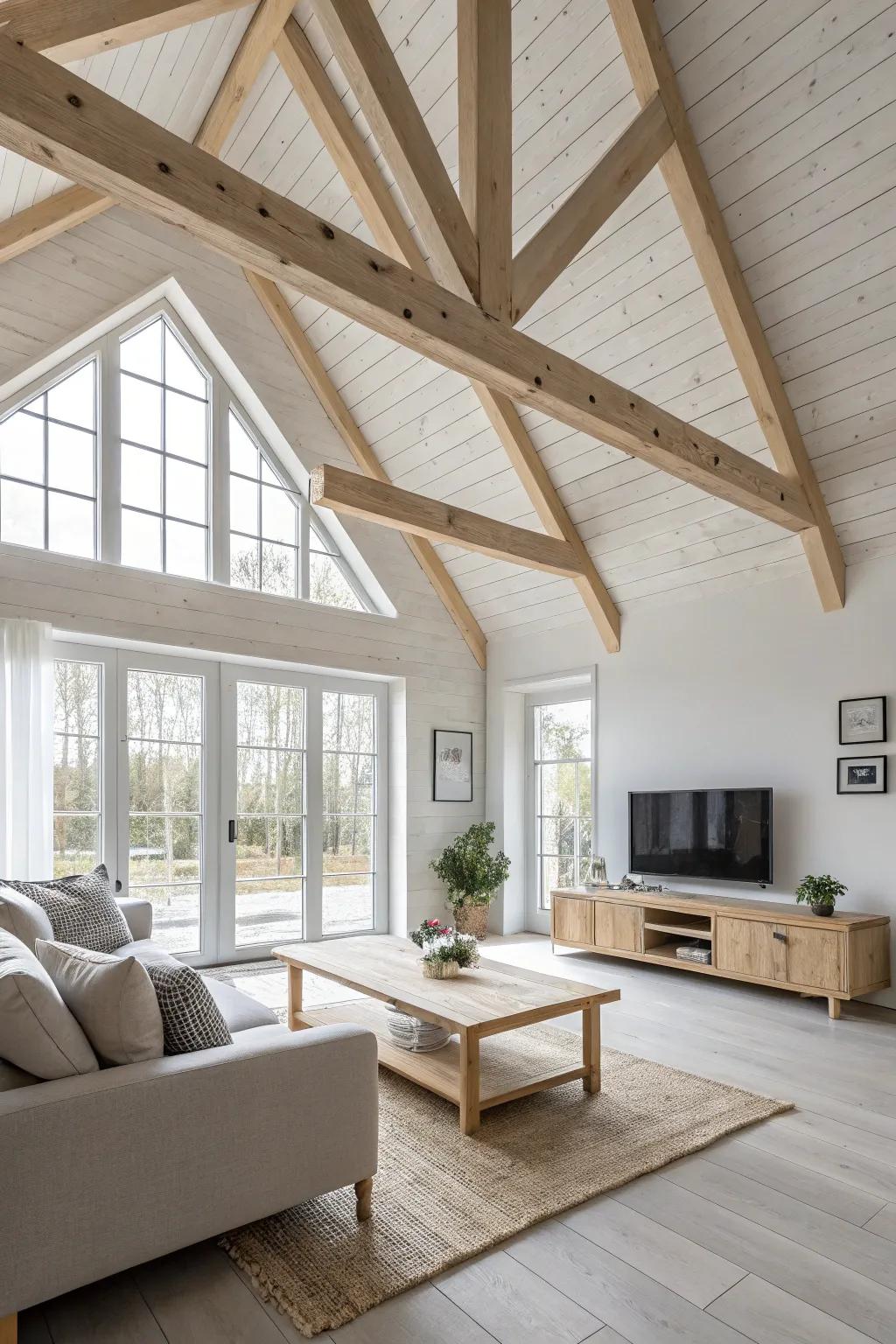 Scandinavian flair with pale wood beams on a vaulted ceiling.