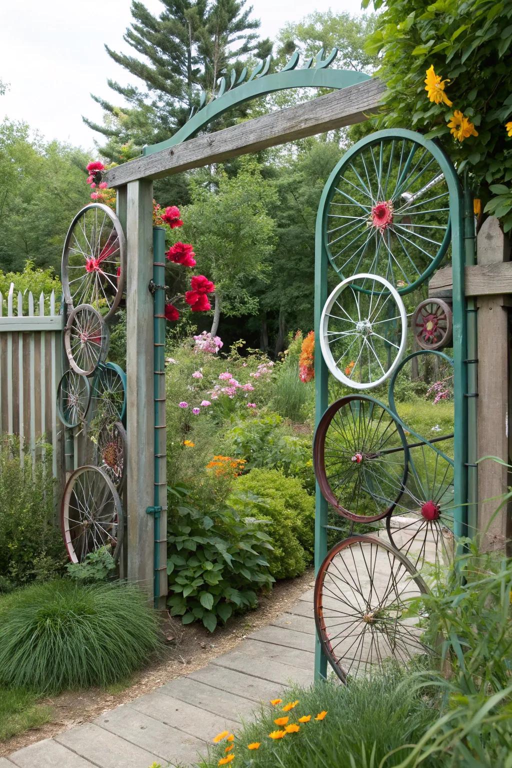 A creative entrance featuring upcycled cycle rims.