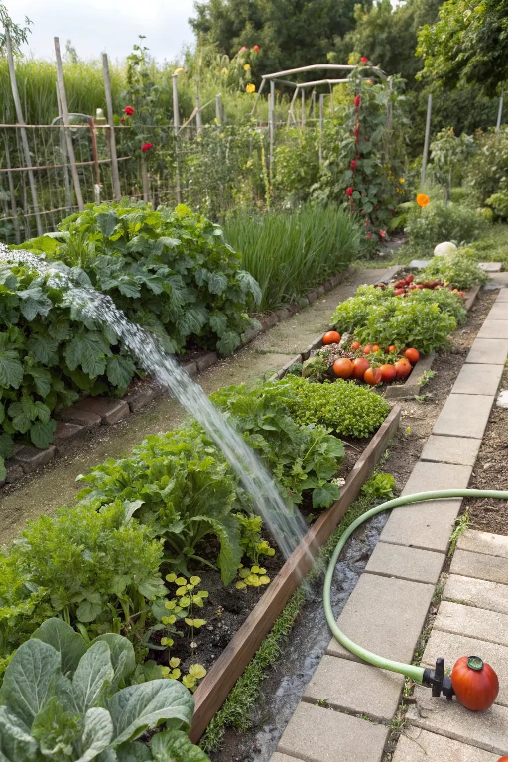 A garden design that incorporates easy access to water for convenience.