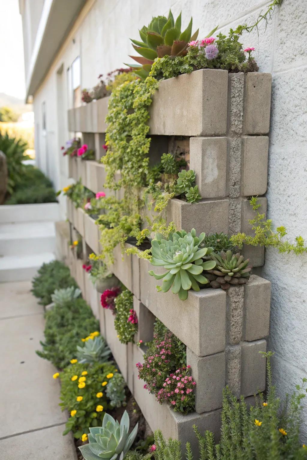 A modern upright garden using concrete blocks for succulents.