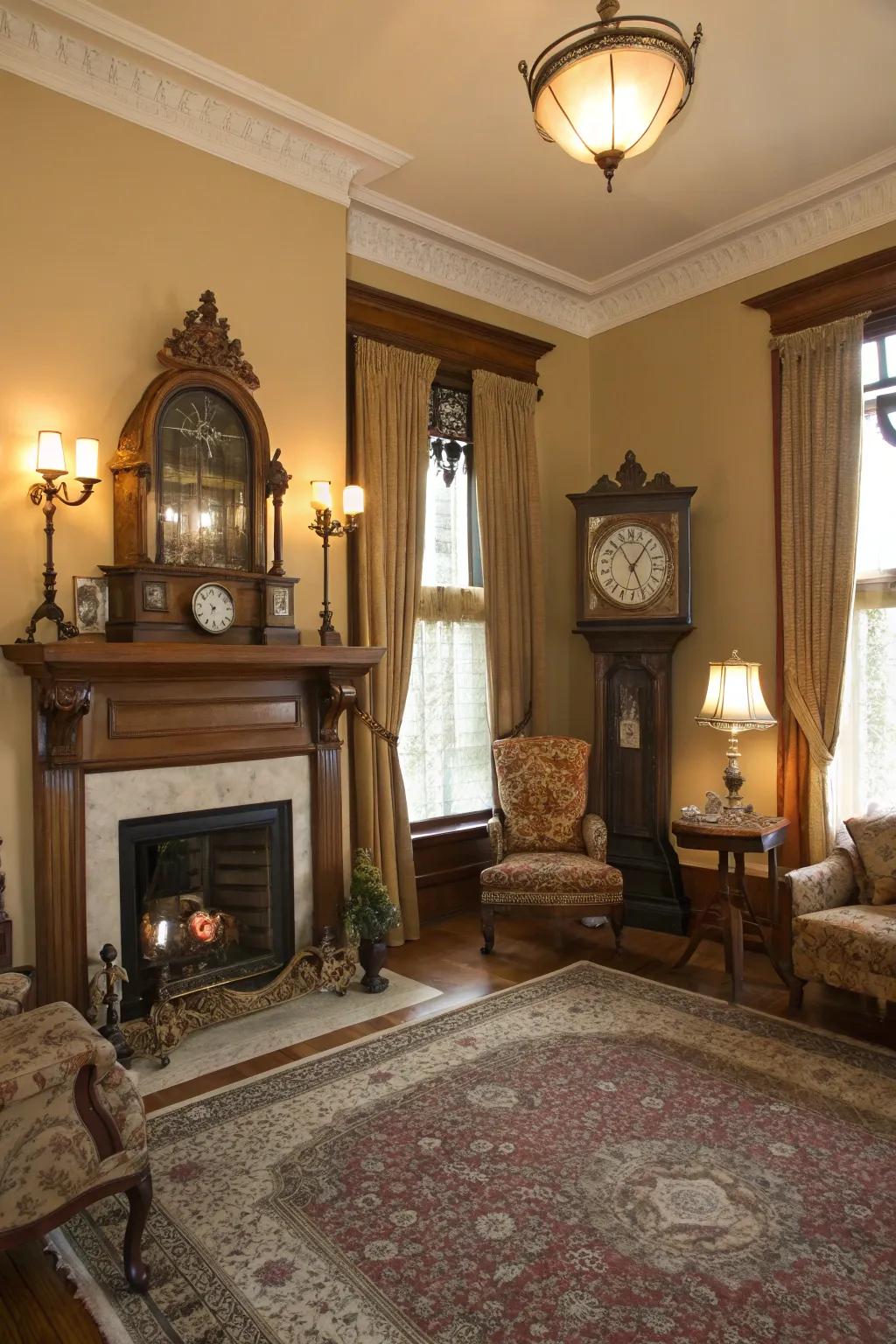 An antique clock contributes timeless appeal and practicality to the design.