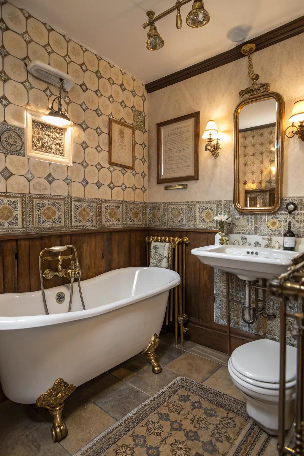 Blended metals create a layered and intriguing retro bathroom scheme.