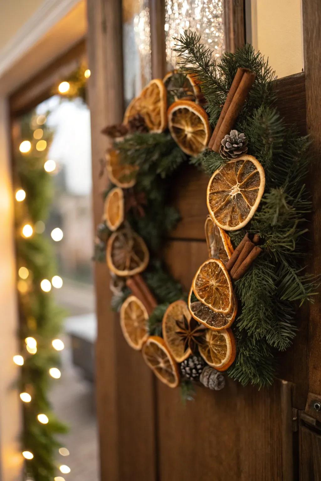 A homemade wreath adds a fragrant and vintage touch.