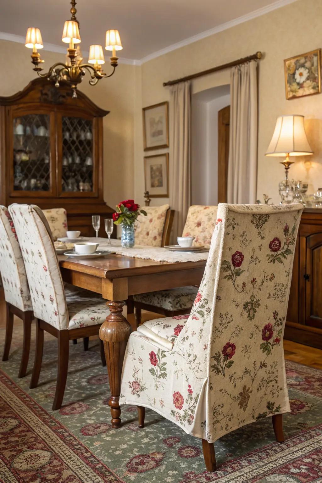 Classic textile bestows upon these chairs a rejuvenated yet sentimental aesthetic.