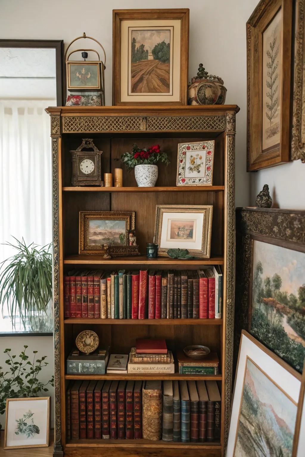 Overlaying art on shelves appends depth and allure.