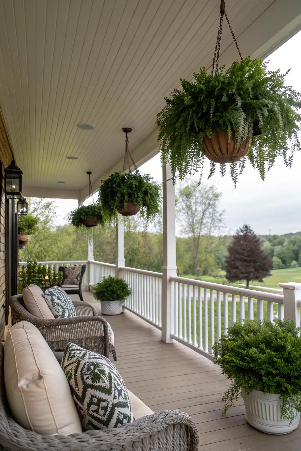 Plant hooks on vinyl ceilings cultivate a verdant, inviting space.