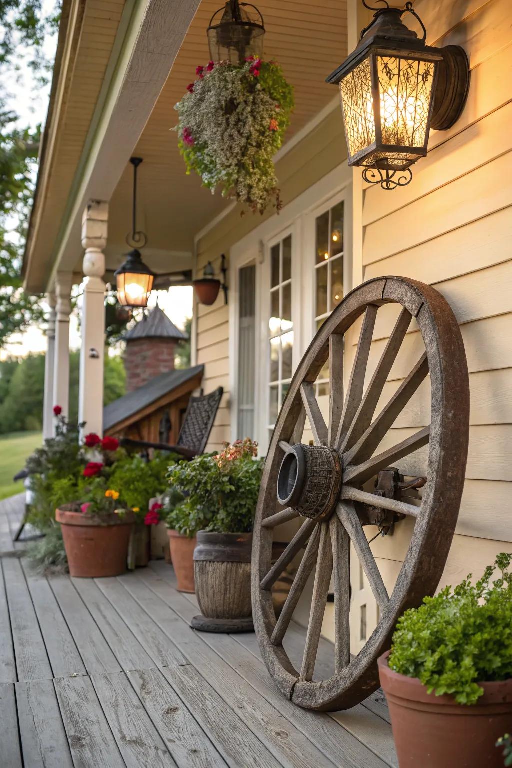 A wagon wheel serving as the centerpiece of a welcoming front porch arrangement.