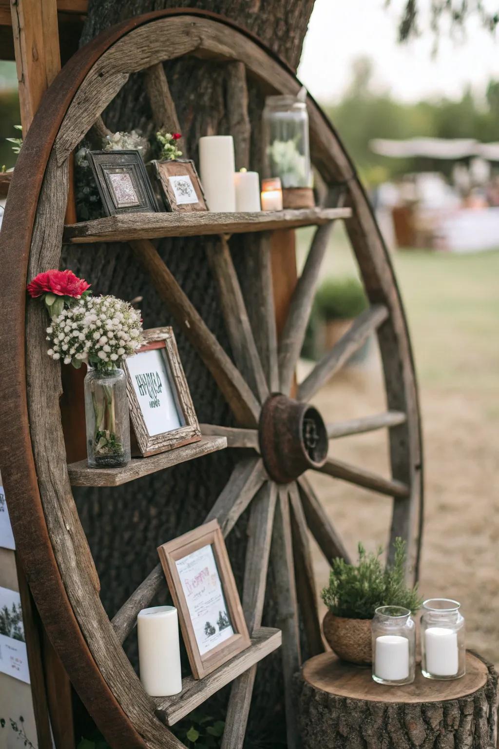This decorative cartwheel's functionality is enhanced by floating shelves.