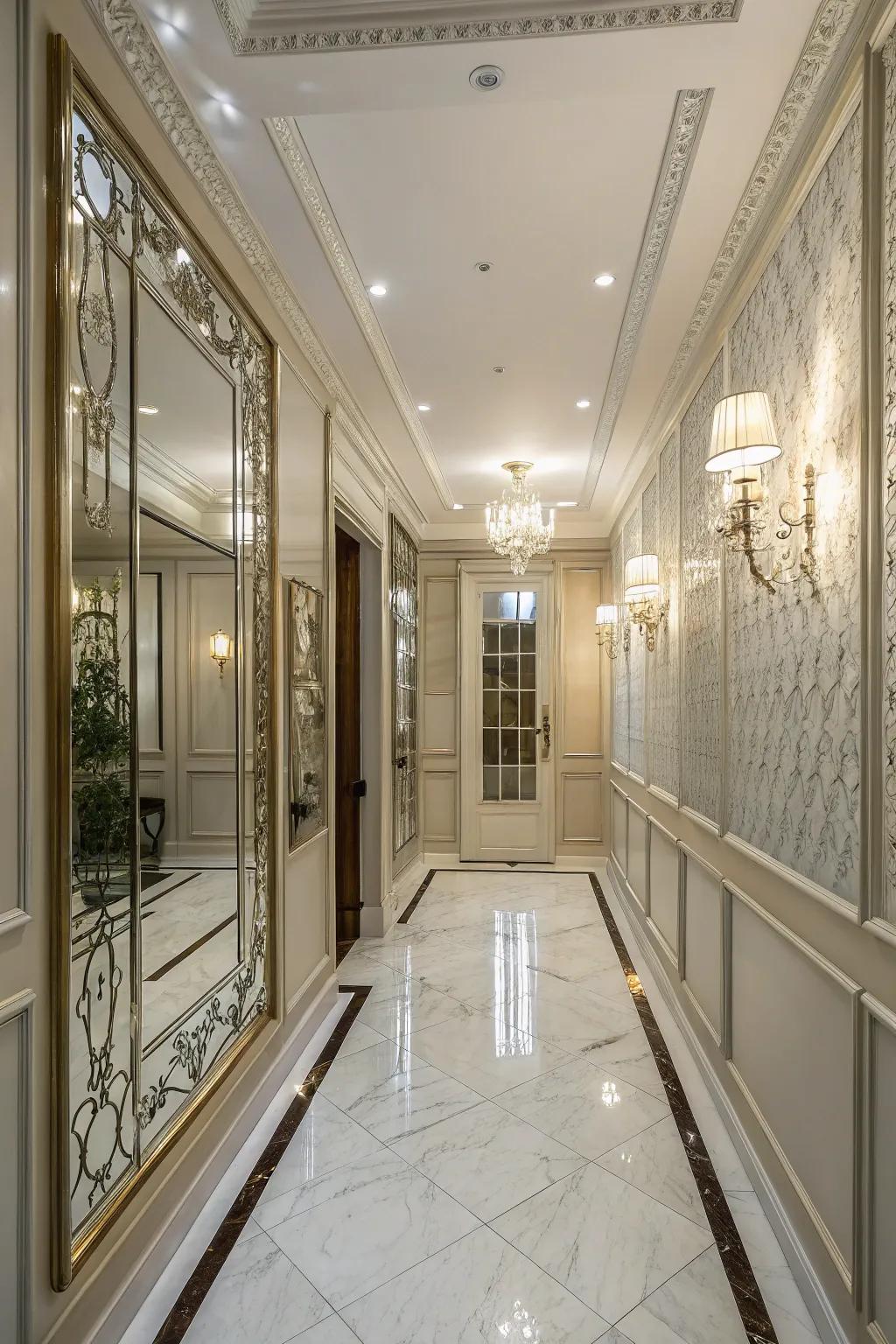 Enhance your entryway with mirrored wainscoting.