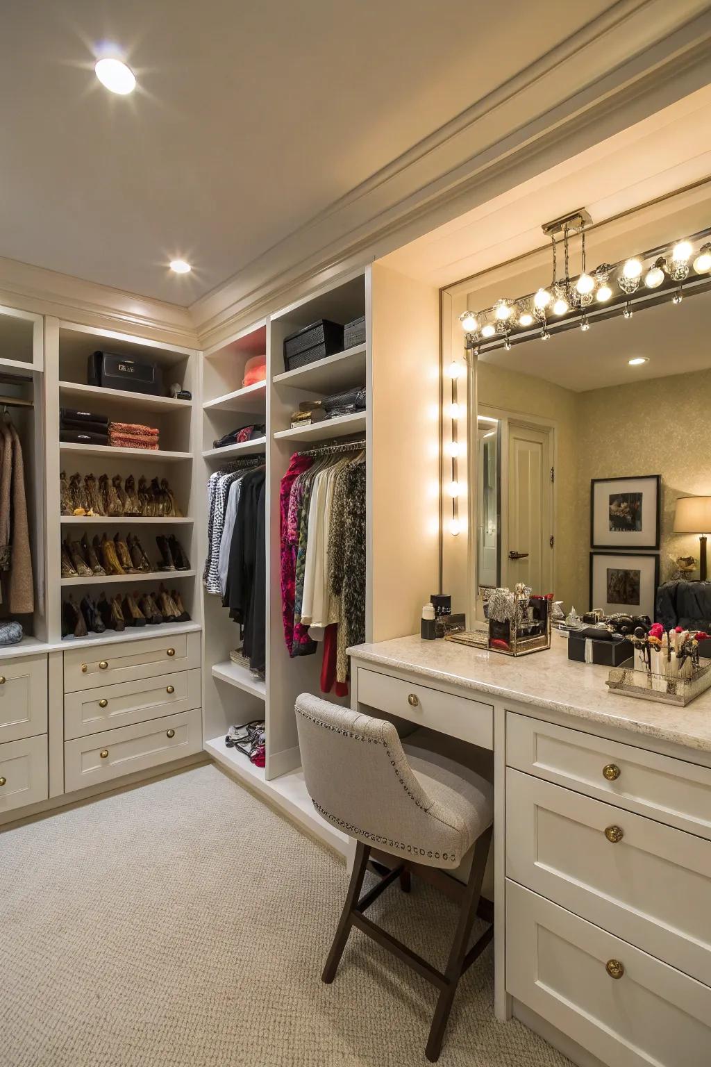 A glam corner adds luxury and utility to the closet.