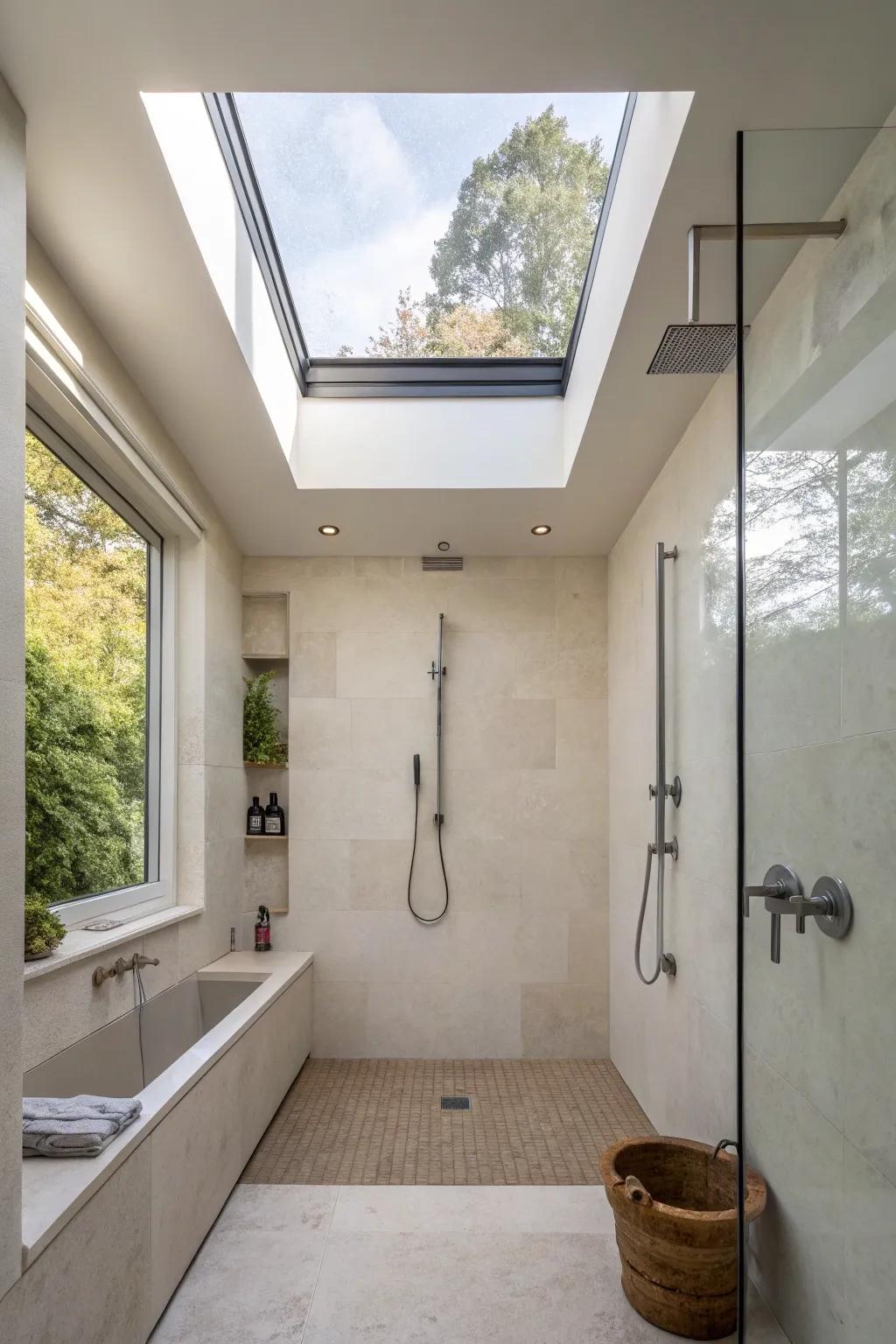 A skylight in a walk-in shower, providing natural light and privacy.