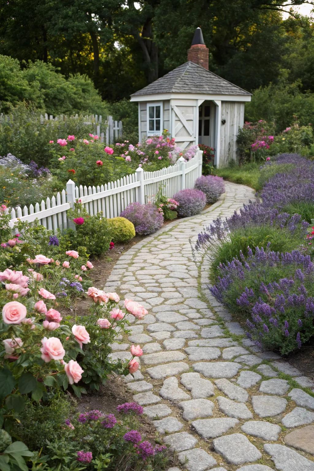 Cobblestone paths evoke old-world charm in gardens.