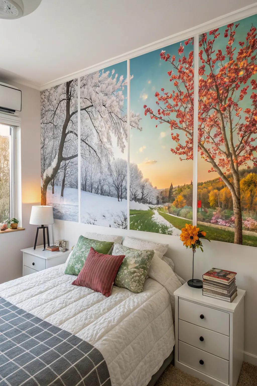 Seasonal art swaps refresh the ambiance of your bedroom.