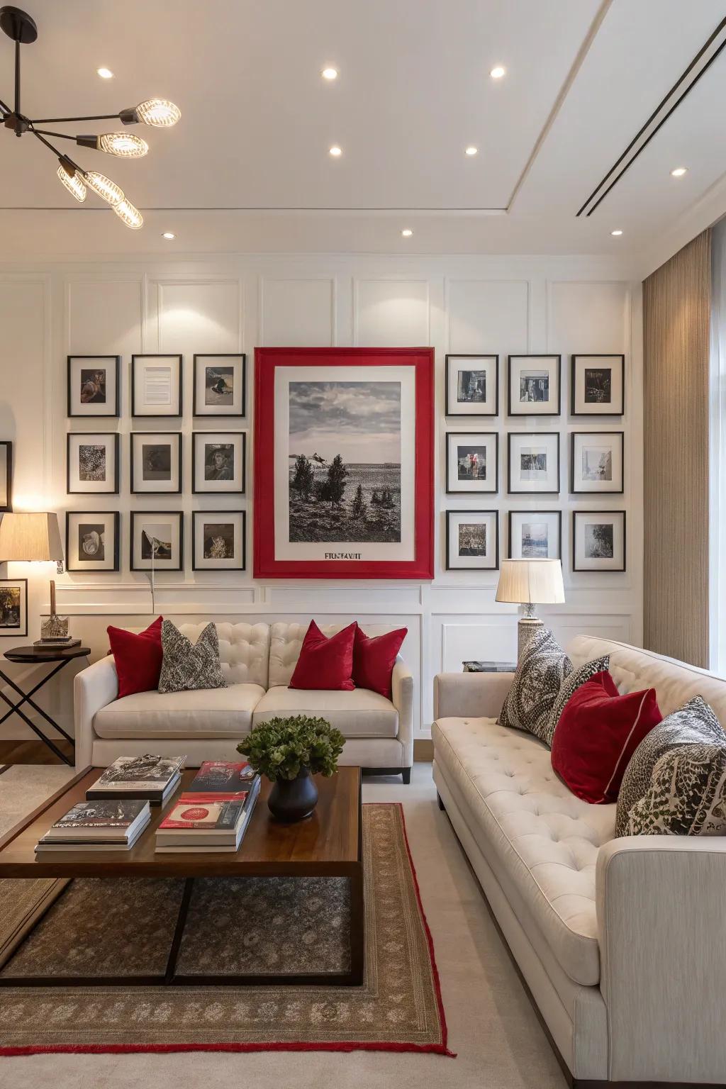 A striking piece anchors the picture arrangement wall.