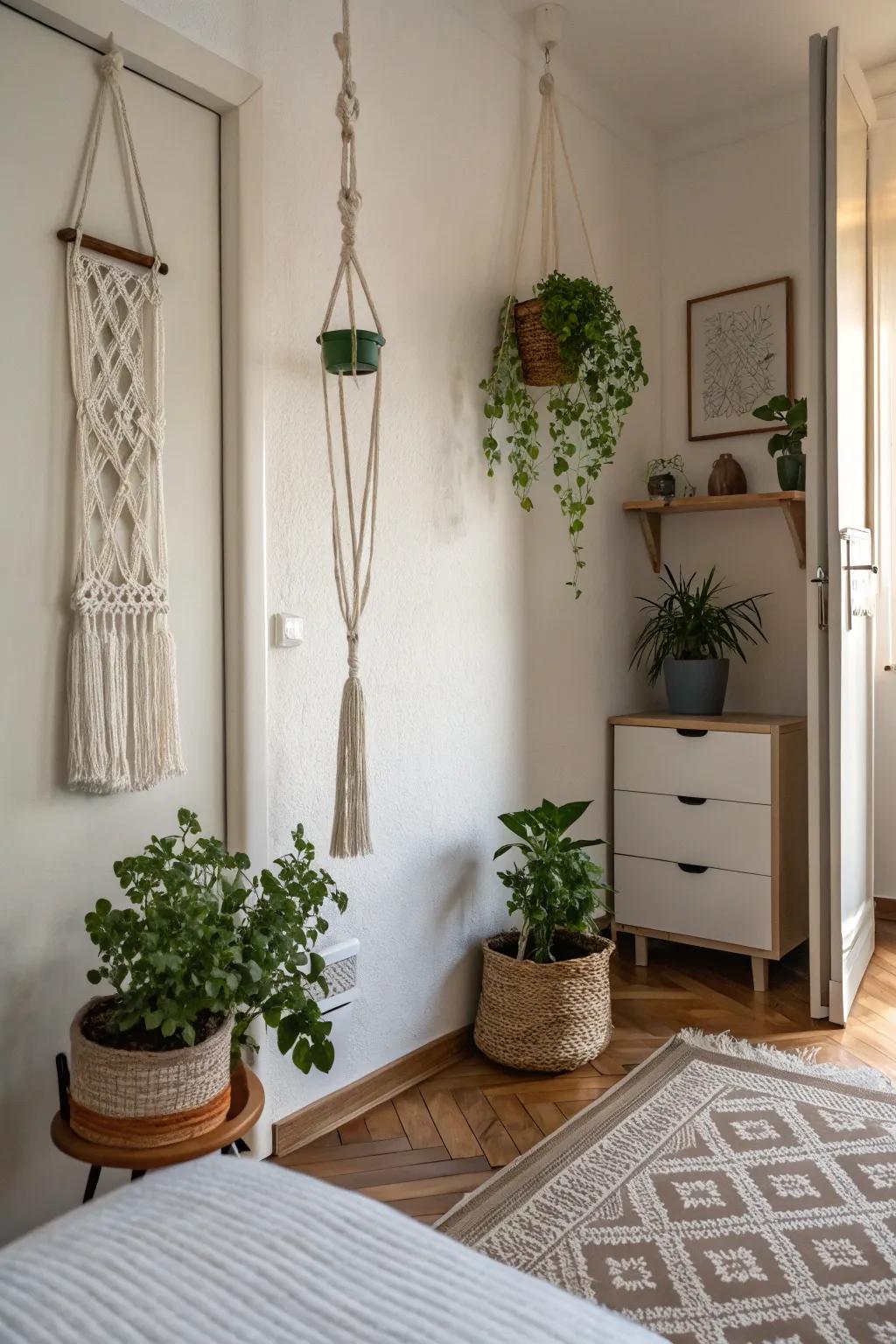 Macrame plant holders perform well in compact rooms.
