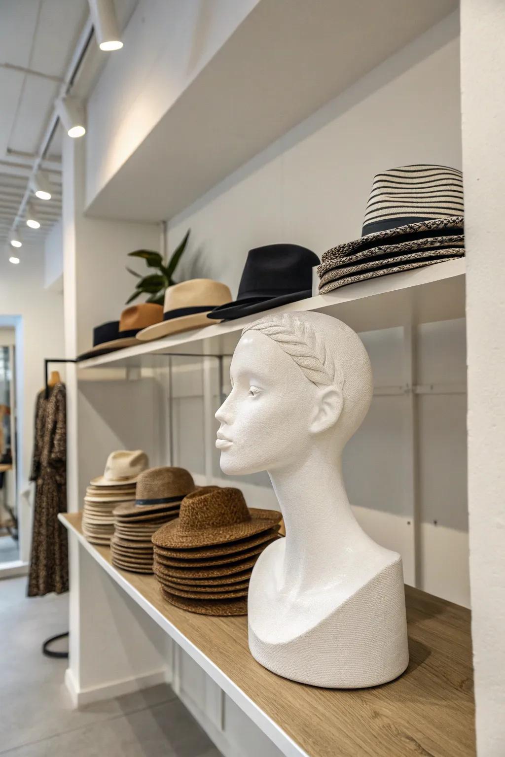 A minimalist hat presentation featuring stacked hats