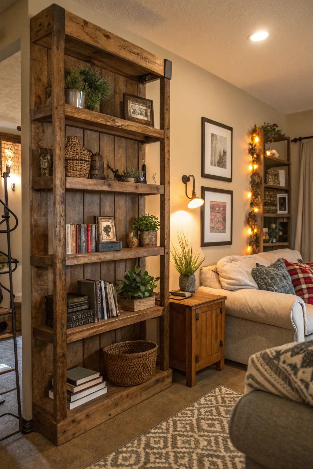 Solicit warmth through countryside-inspired timber shelves.