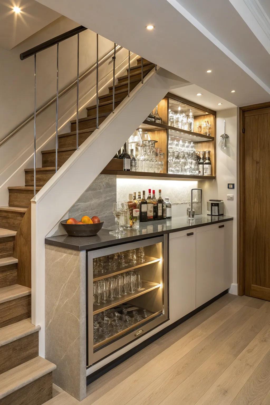 A mini bar under the staircase is ideal for entertaining guests.