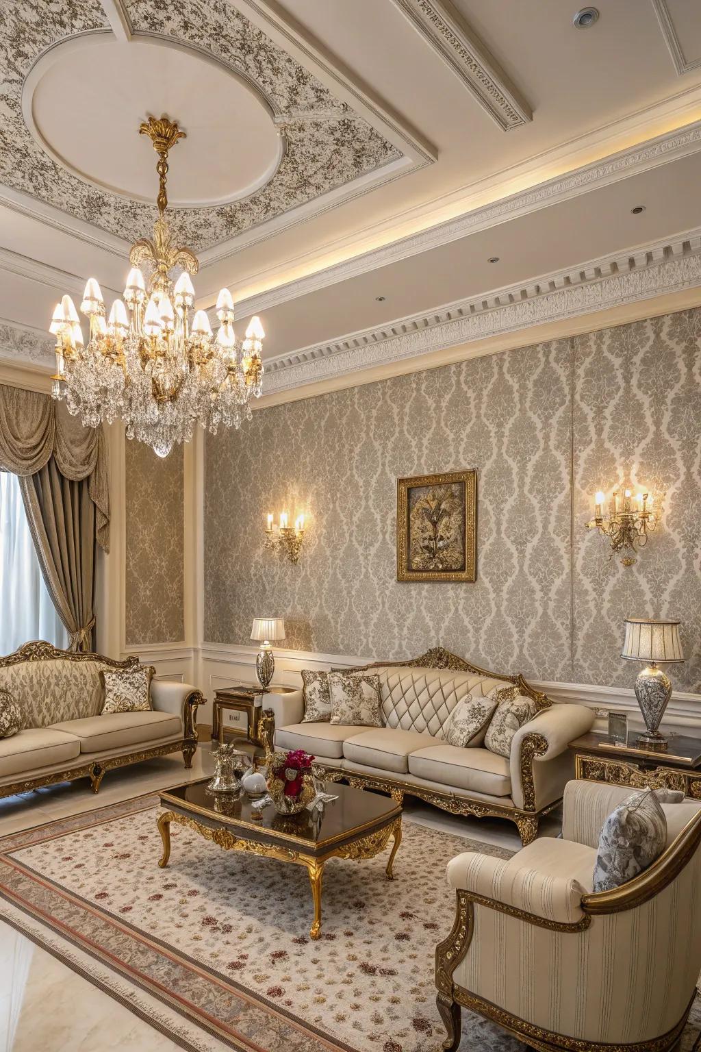 A living room that feels like a palace with a regal wallpaper border.