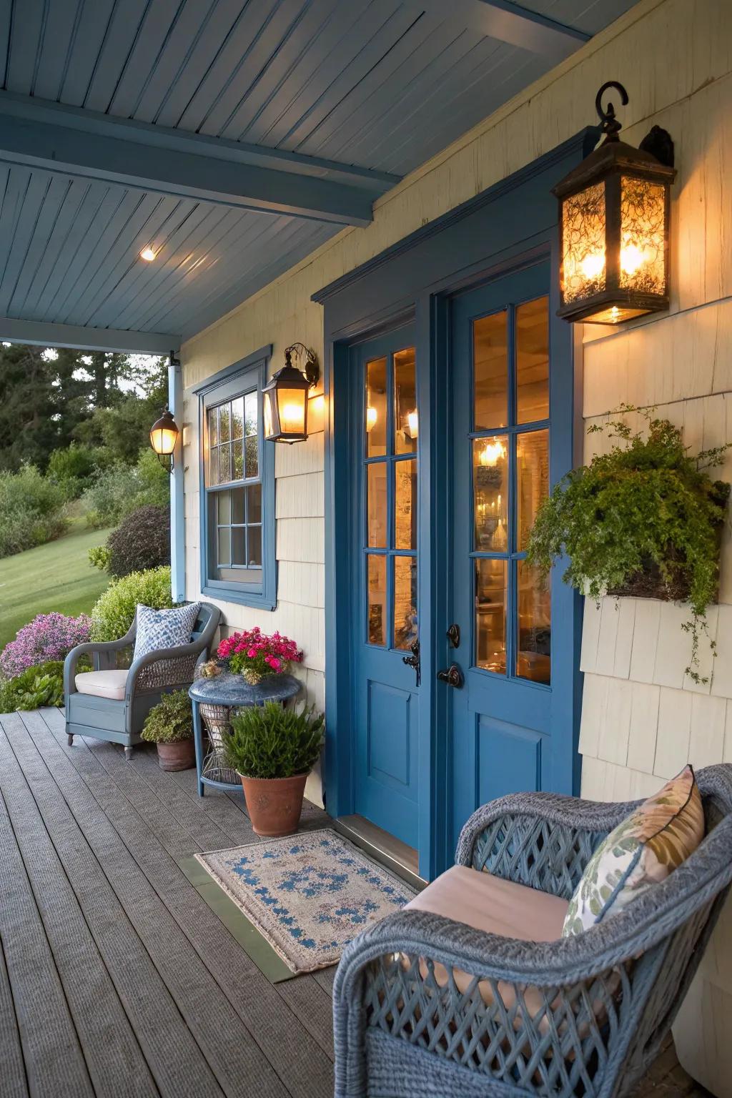Cultivate a welcoming vibe with gentle cerulean accents in your outdoor entryway.