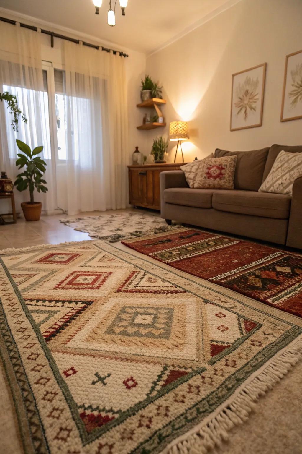 The layering of floor coverings introduces depth and snugness to a space featuring neutral elements.