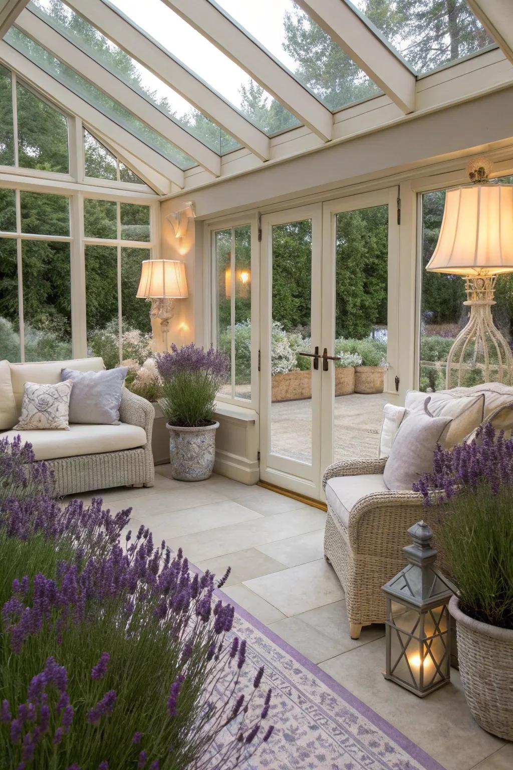 Sunroom with lilac walls, projecting peace and sophistication.