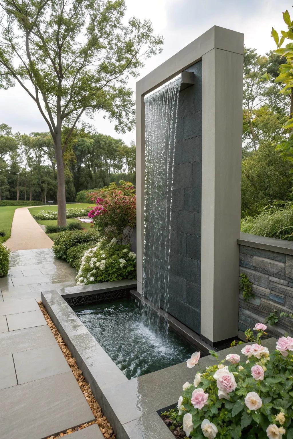 A vertical water wall introduces drama and modernity.