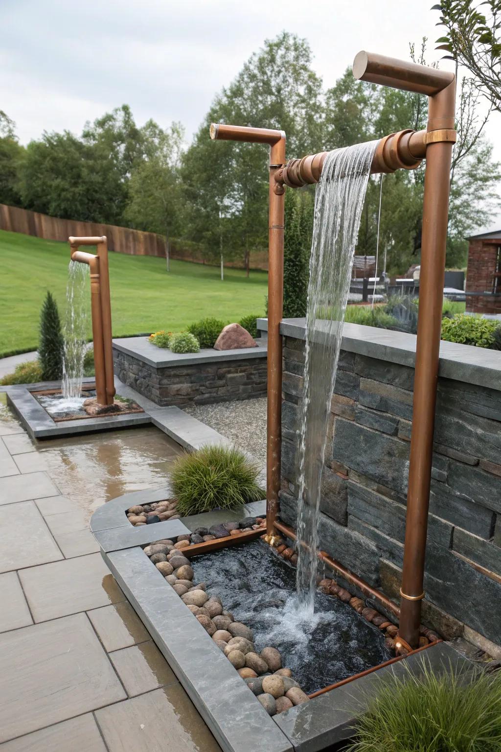 Metal pipes offer a sleek and modern touch to your waterfall.