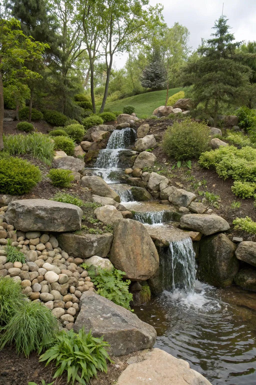 A gorgeous rock water feature flowing down a natural slope in a garden.