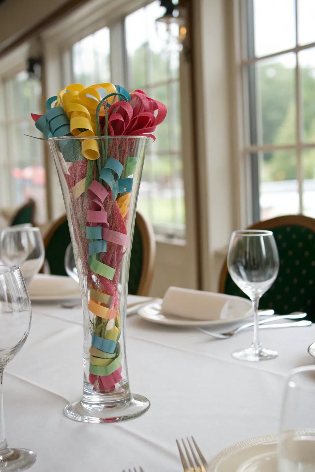 A ribbon vase that introduces a vibrant touch to your decor.