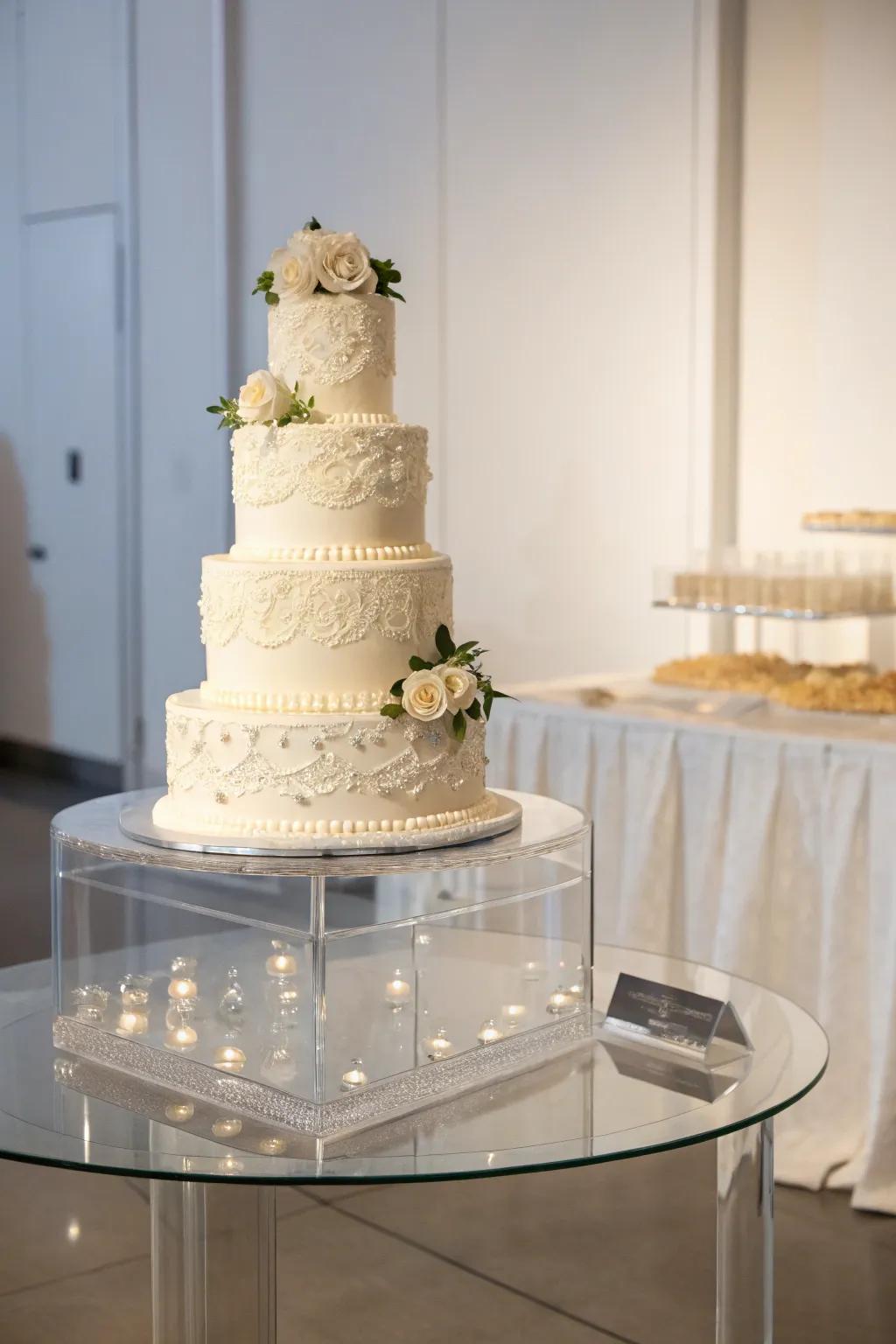 See-through stands providing a modern touch to the wedding cake display.