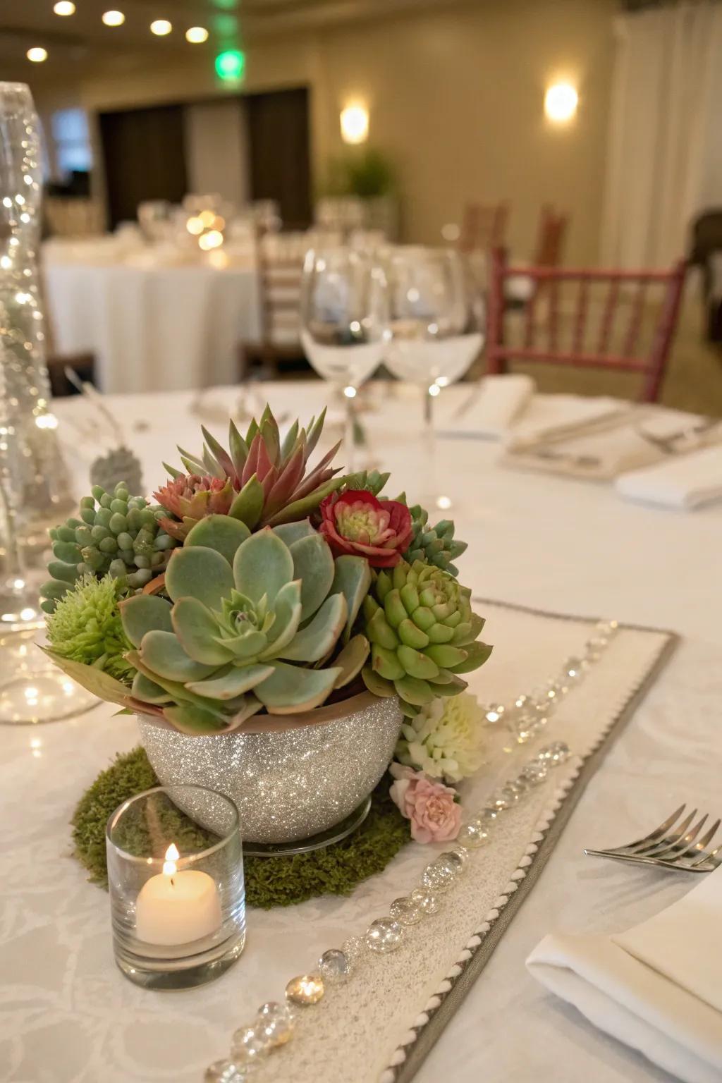 Succulents offer a trendy and eco-friendly centerpiece option.