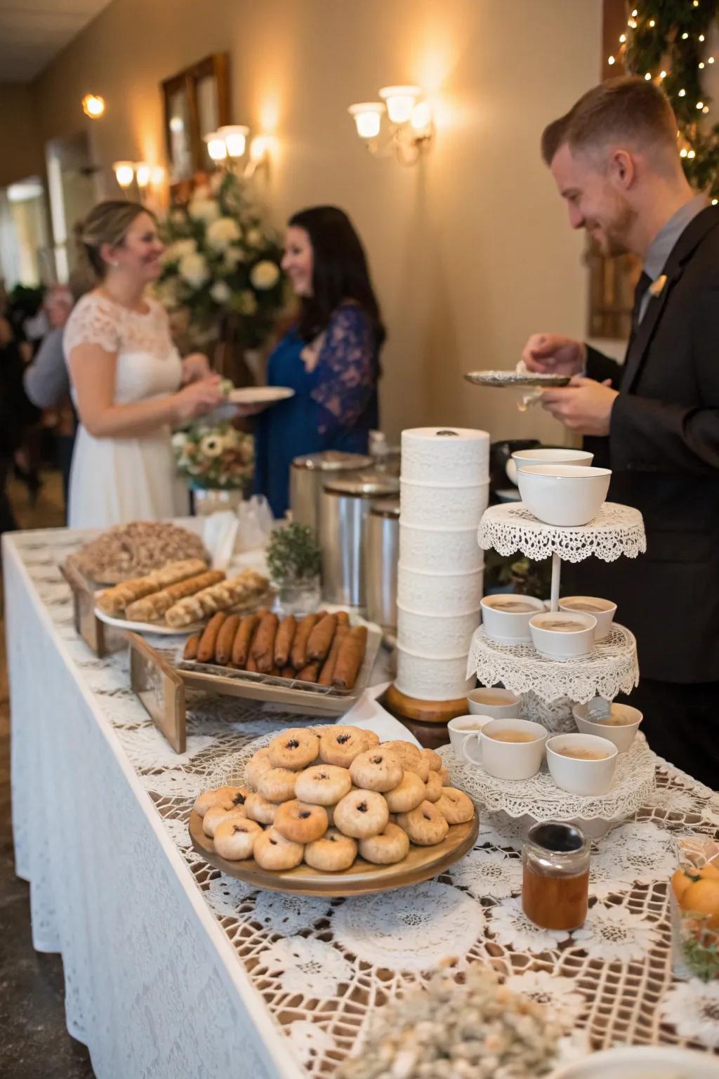 Coffee and sweet treats combinations at a wedding coffee corner.