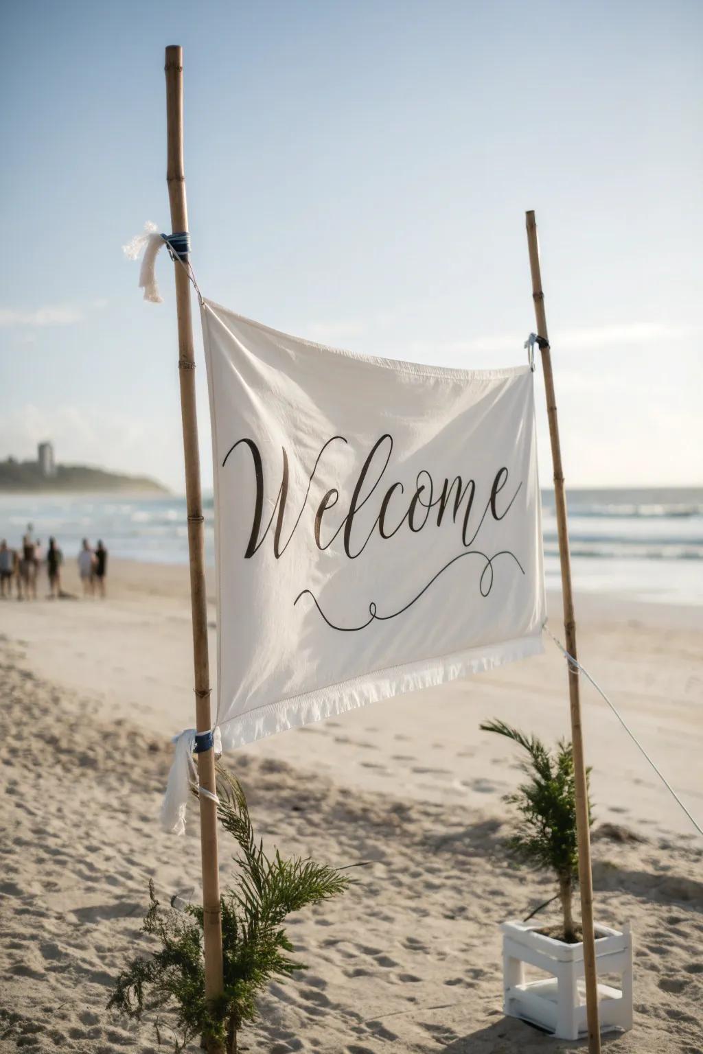 A soft cloth banner greeting board, perfect for creating a romantic atmosphere at a beach wedding.