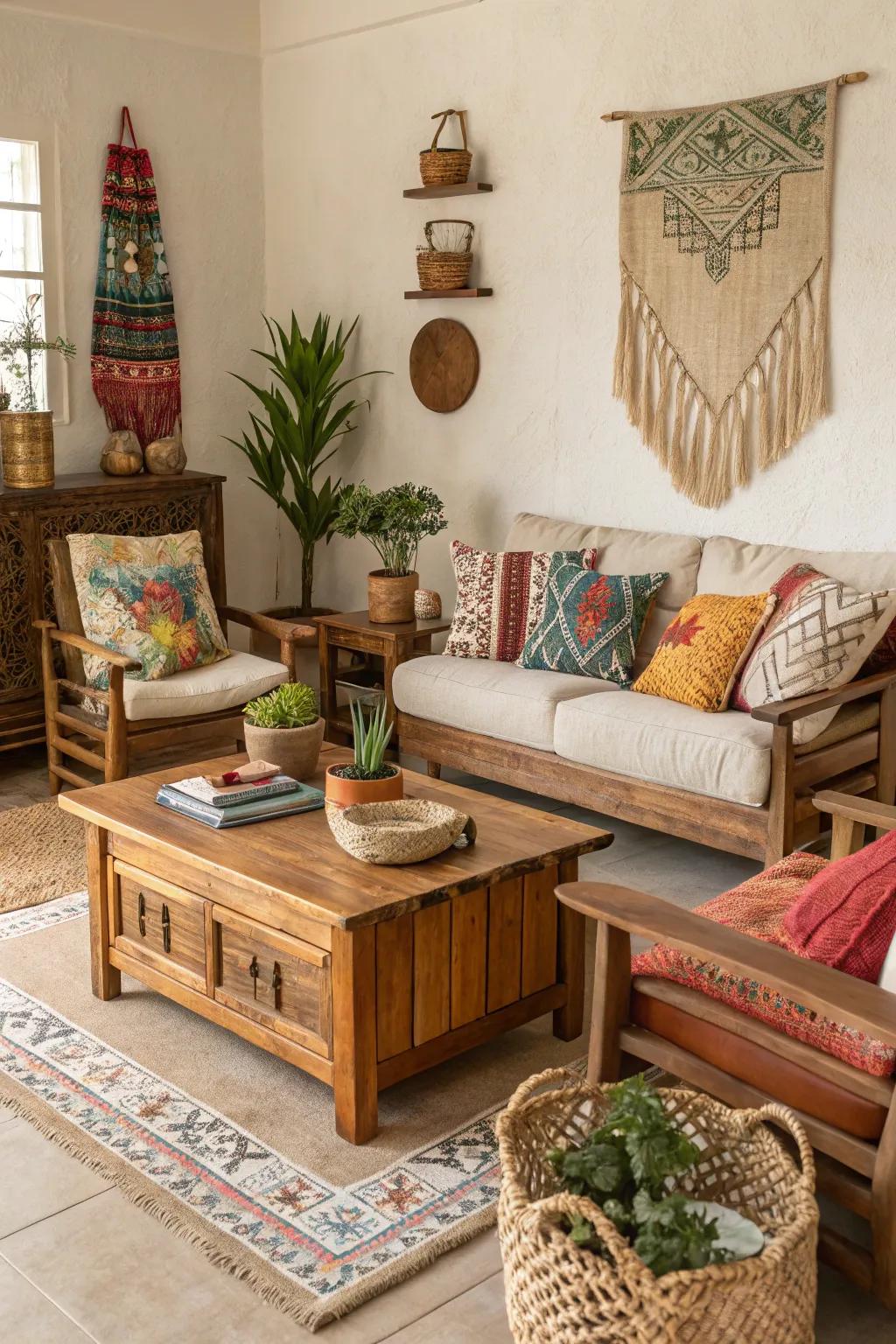 A living room that includes wooden furniture and various boho elements.