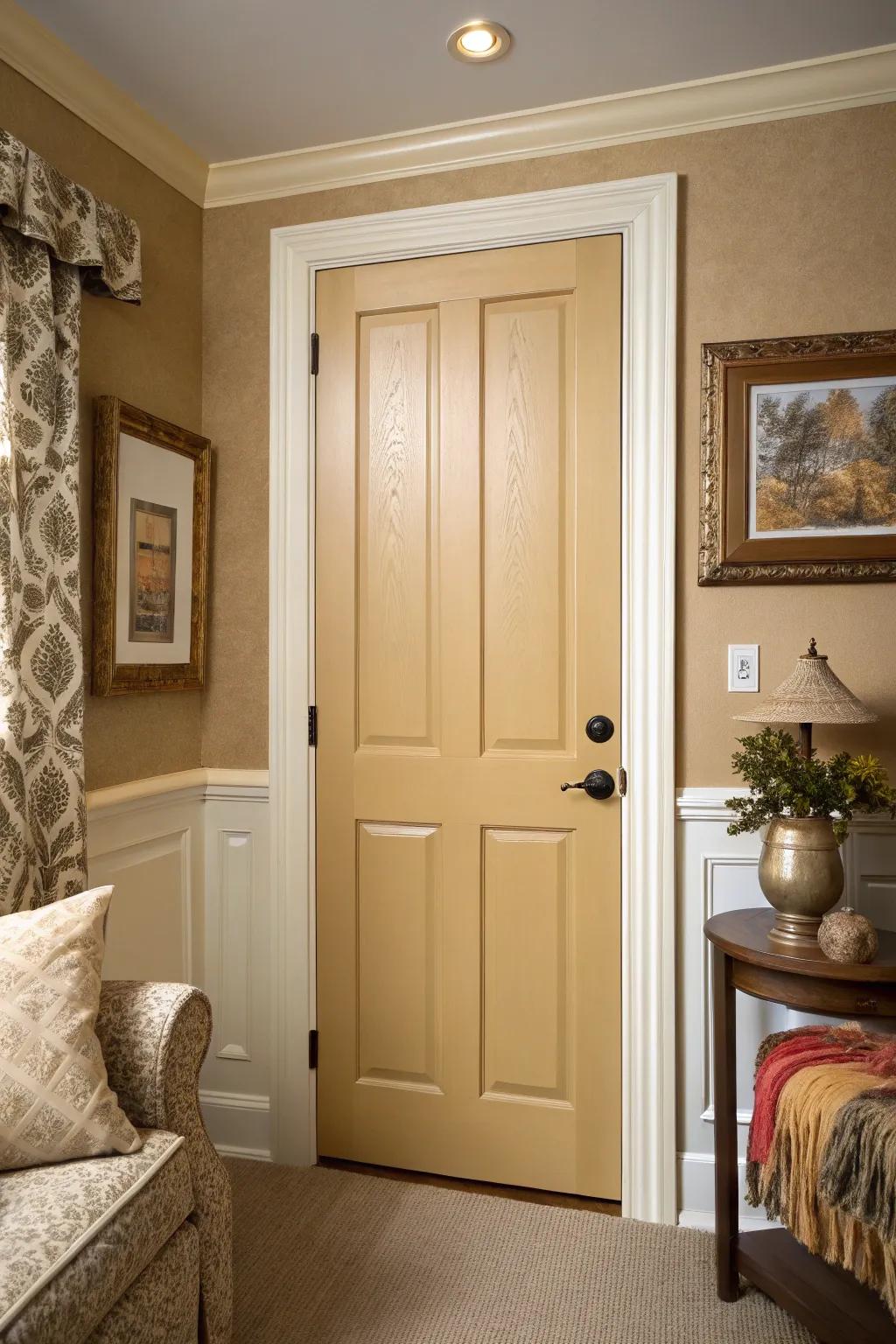 Comforting sandstone doors provide a harmonious and welcoming sensation.