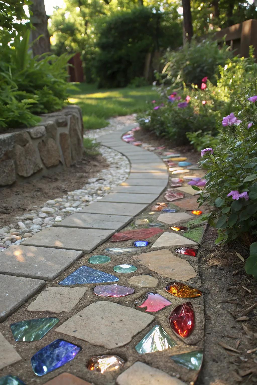 Reclaimed glass introduces sustainability and sparkle to stone pathways.