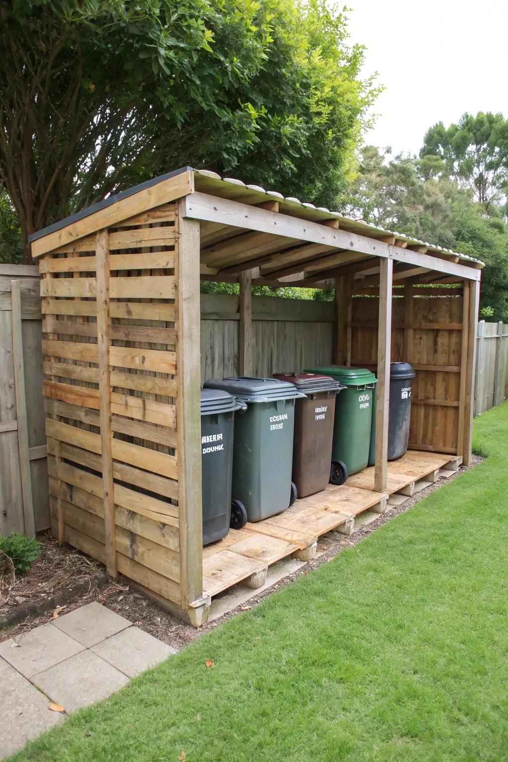 Utilize upcycled decking for a rustic waste container storage.
