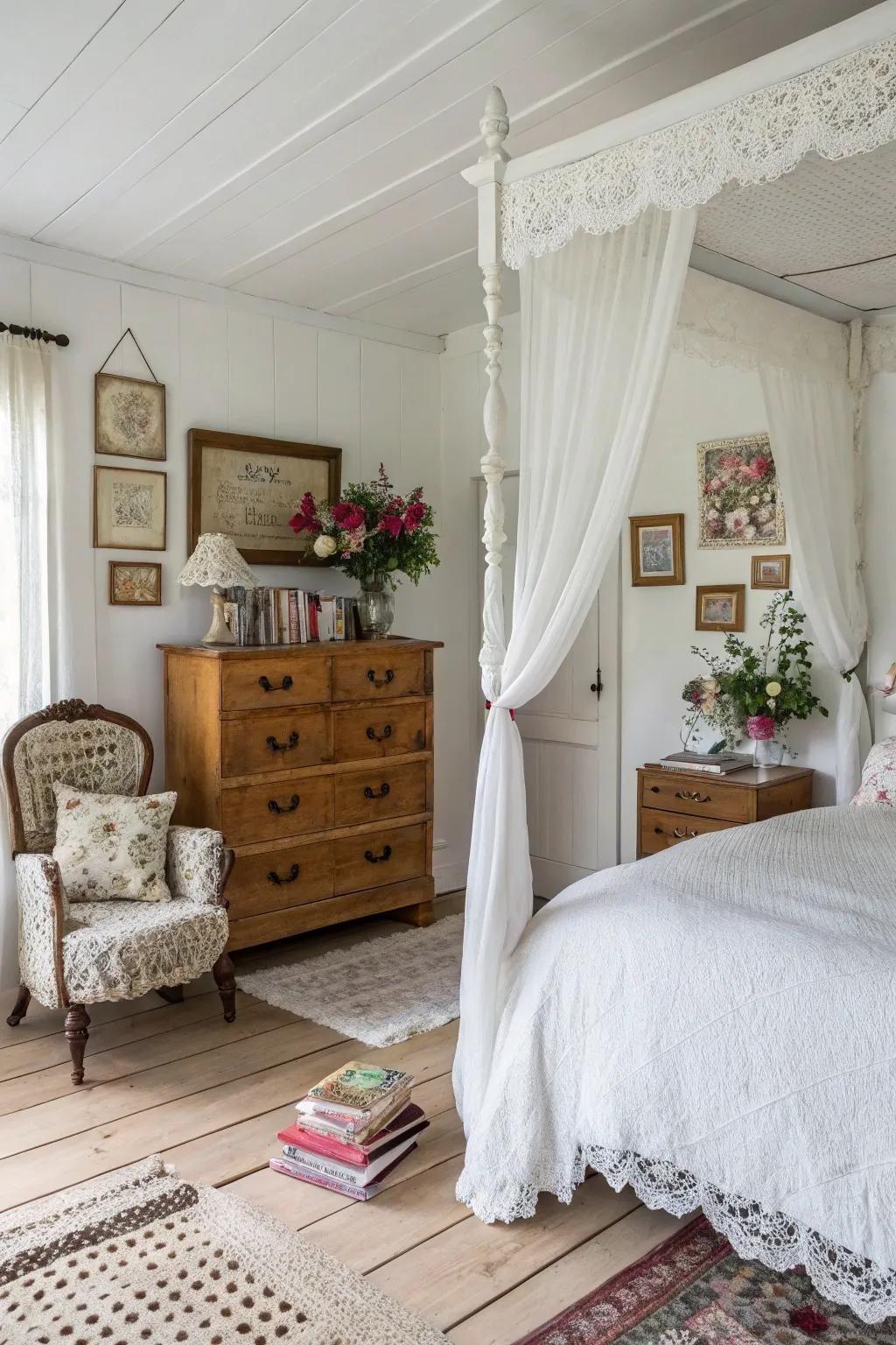 Retro pieces impart character to a white bedroom.