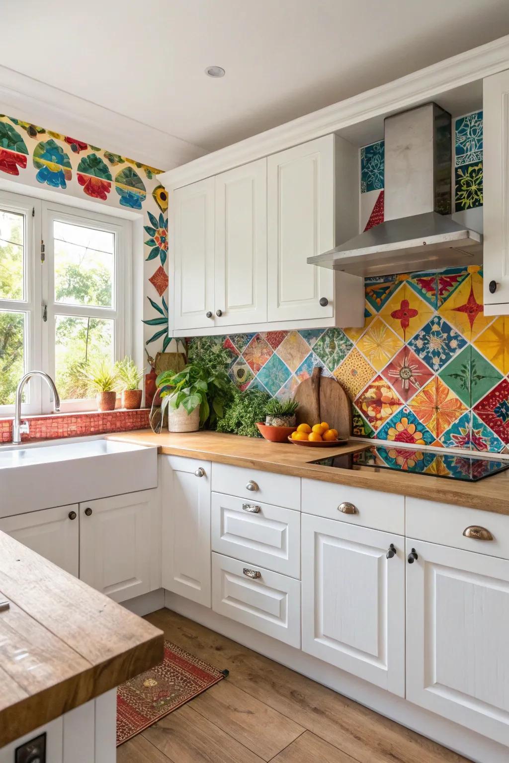 A splash of unexpected color livens up the kitchen space.