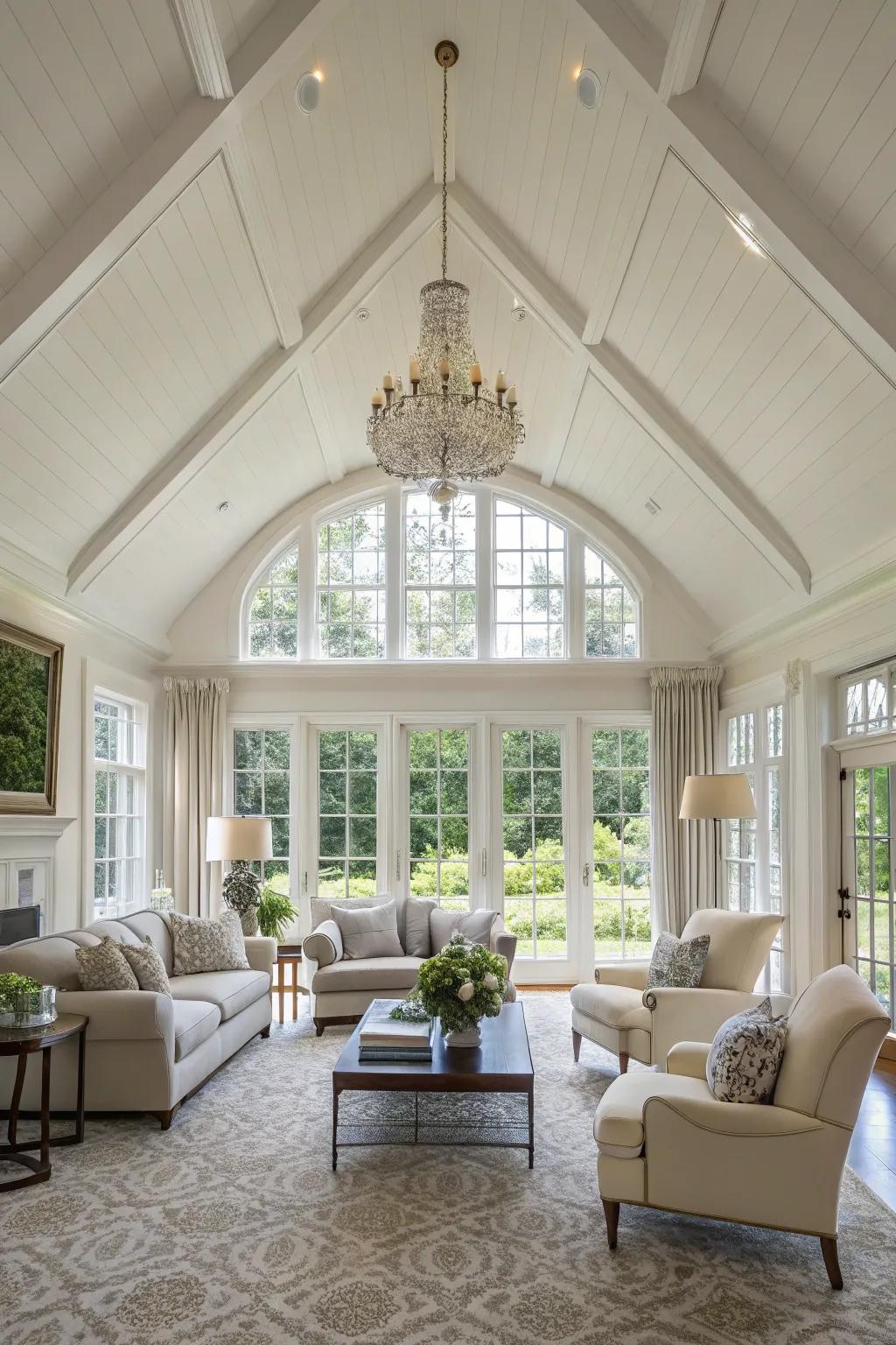 A living room with a vaulted white ceiling, offering a sense of grandeur and openness.